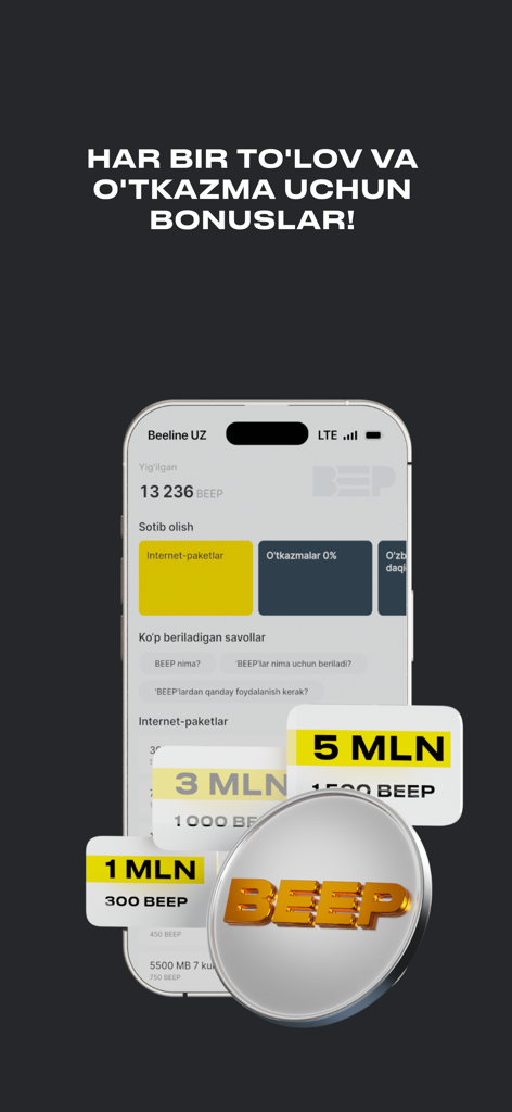 Pantalla de la aplicación Beepul que muestra el programa de lealtad BEEP con puntos de bonificación por pagos y transferencias