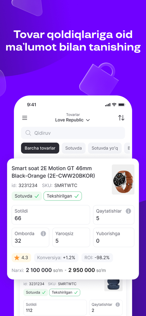 Product inventory and sales performance dashboard in the Uzum Sellers app