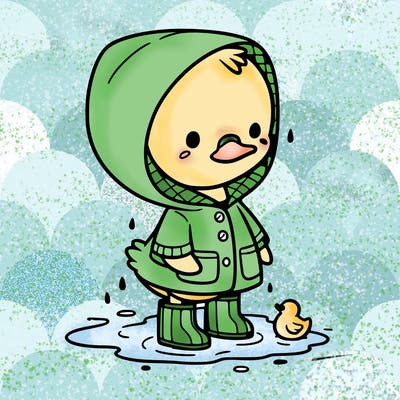 baby duck in a rain coat and boots, in a puddle while it’s raining