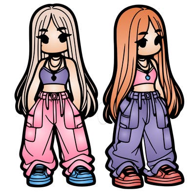 girl in baggy pants crop top and long hair