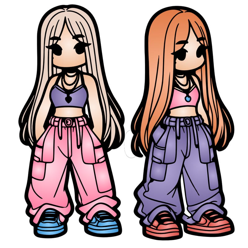 girl in baggy pants crop top and long hair