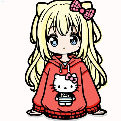 cute anime girl wearing a kuromi from hello kitty sweatshirt