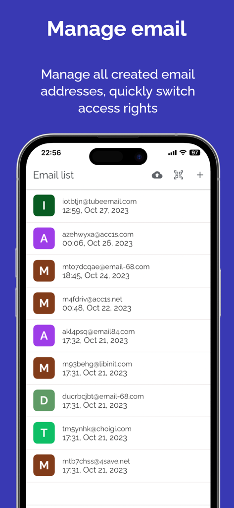 Un écran de l'application Temp Mail montrant une liste de plusieurs adresses e-mail temporaires gérées.