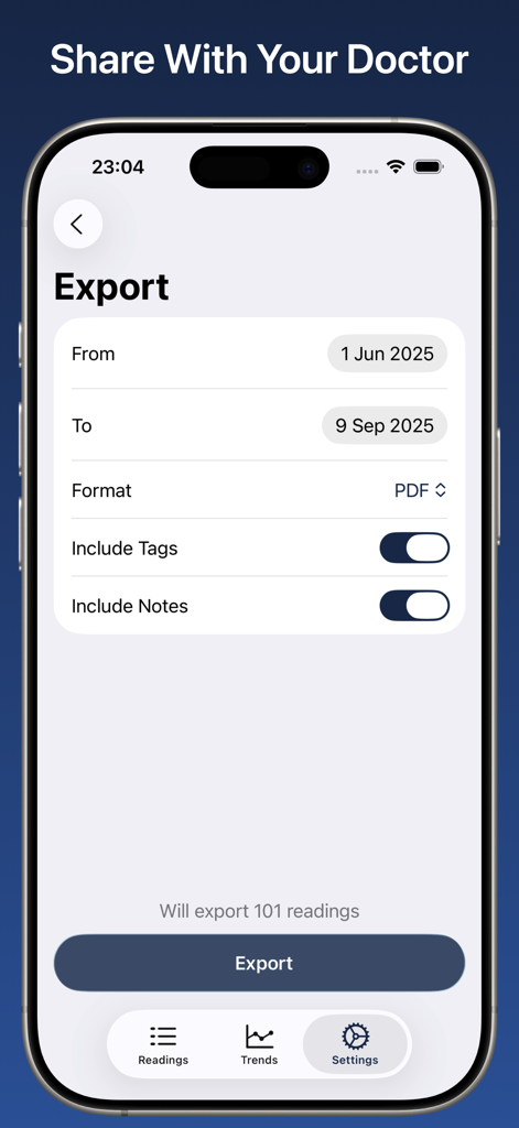 Blood Pressure Monitor Connect - Pantalla que muestra opciones para exportar datos de presión arterial como PDF para compartir con un médico