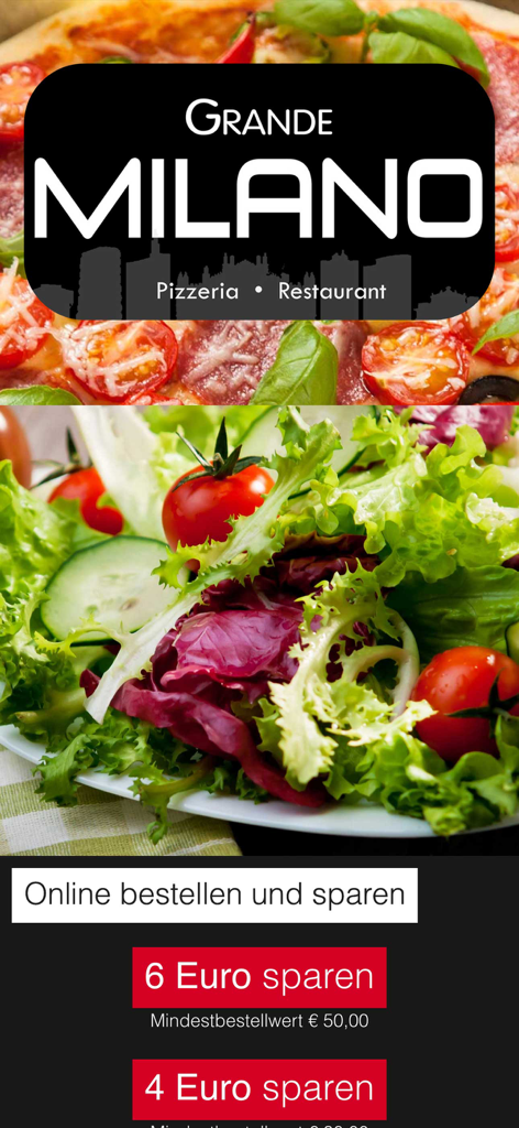 GrandeMilanoLeibnitz - Grande Milano Pizzeria und Restaurant App Startbildschirm mit frischer Pizza, Salat und Online-Bestellrabatten