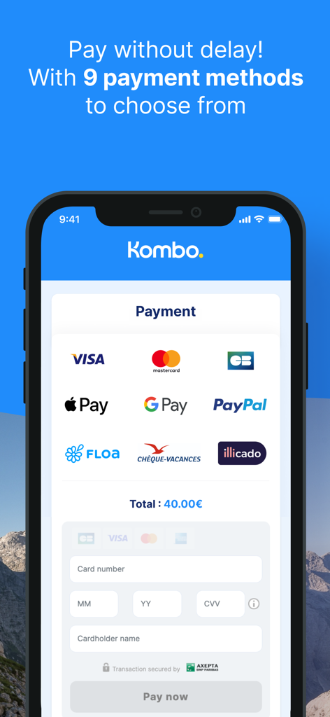 Kombo: Train, Bus & Flights - Kombo app payment screen showing 9 different payment options including Apple Pay and PayPal