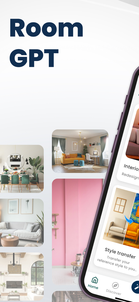 HomeGPT app interface displaying AI room style transformations and interior design concepts