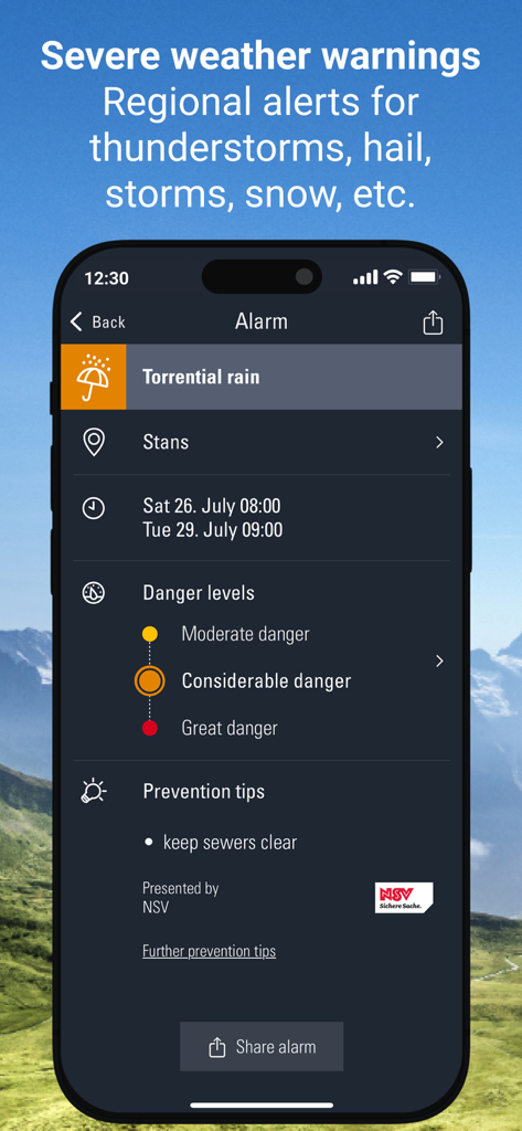 Weather Alarm: Switzerland - Advertencia de clima severo por lluvia torrencial en la aplicación Weather Alarm Switzerland