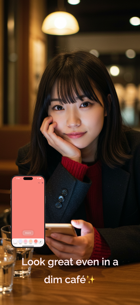 Lumee - Glow up light - Una mujer sentada en un café con poca luz usando la aplicación Lumee en su teléfono para crear una iluminación cálida y suave para una selfie.