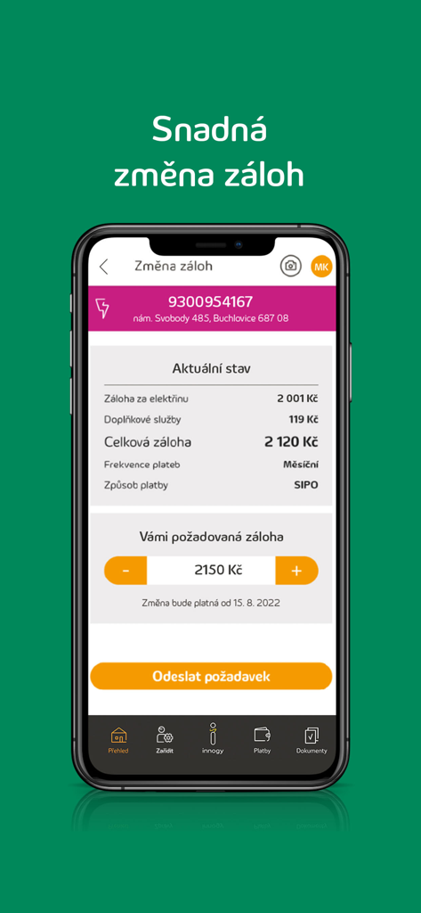 innogy innosvět - A mobile interface from the innogy innosvet app for adjusting monthly energy deposit payments