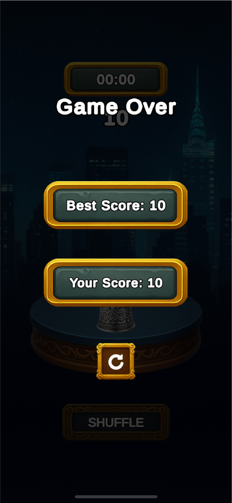Cup Trick Hustle - Game over screen for Cup Trick Hustle showing a best score of 10 with a replay button.