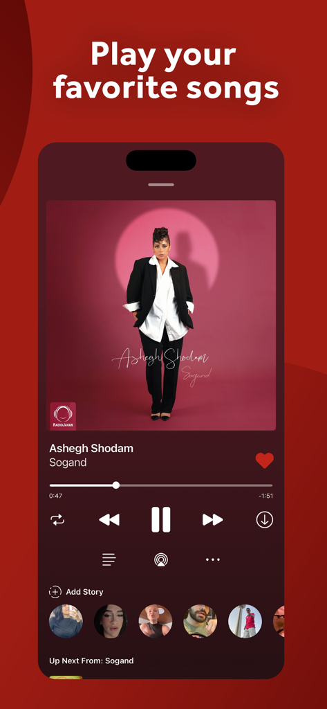 Radio Javan - Radio Javan app music player interface playing a Persian song by artist Sogand with playback controls and social stories features.