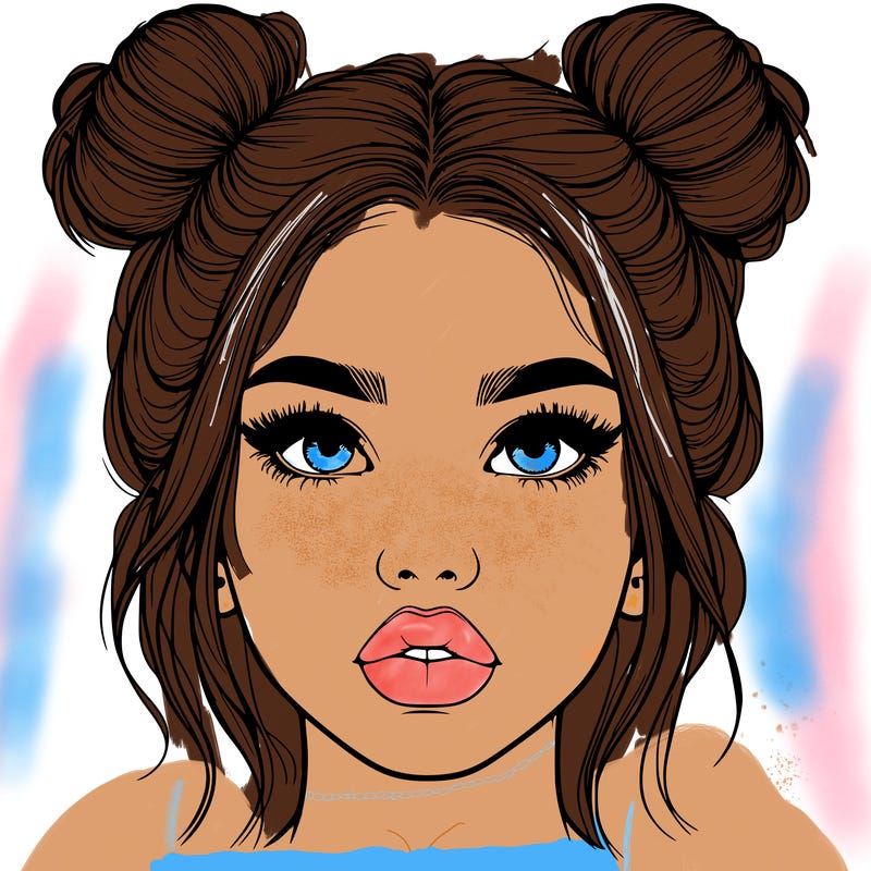 realistic girl with two buns on her hair and lips