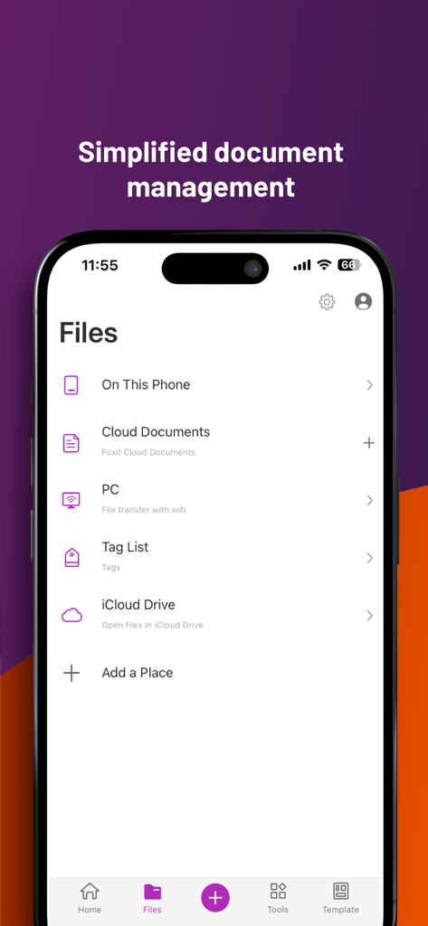Foxit PDF Editor - Foxit PDF Editor app interface showing various document management options including local storage cloud services and wifi file transfer