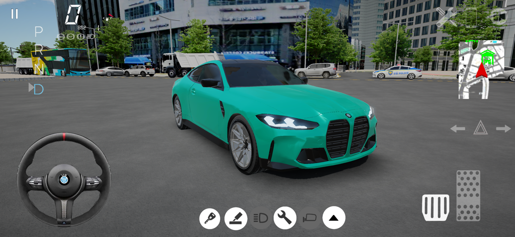 3DDrivingGame4.0 Project:SEOUL - A teal sports car parked on a street in Seoul within the driving simulator interface.