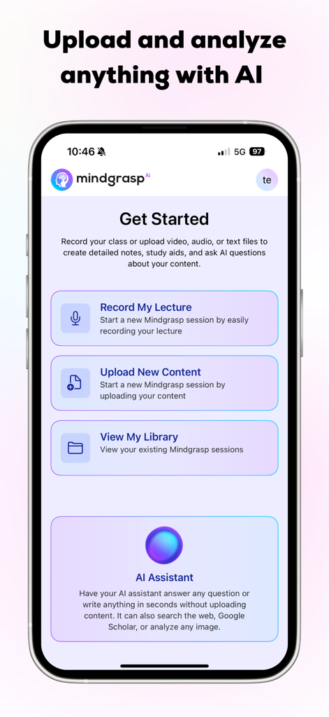 Mindgrasp - Mindgrasp mobile app interface on a smartphone screen showing features to record lectures upload content and use an AI assistant for studying