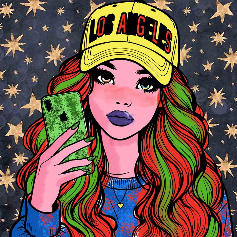 realistic beautiful girl wearing los ángeles cap holding an iphone