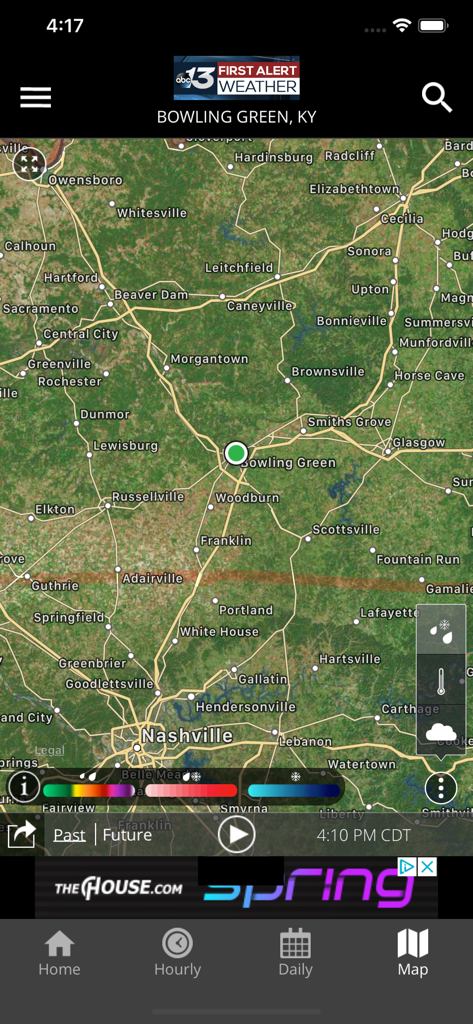 WBKO First Alert Weather app interface showing an interactive radar map of Bowling Green Kentucky and surrounding areas.