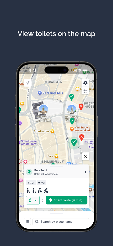 Mobile app interface showing a map with toilet locations and accessibility features