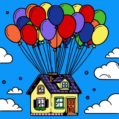 house floating from lots of balloons