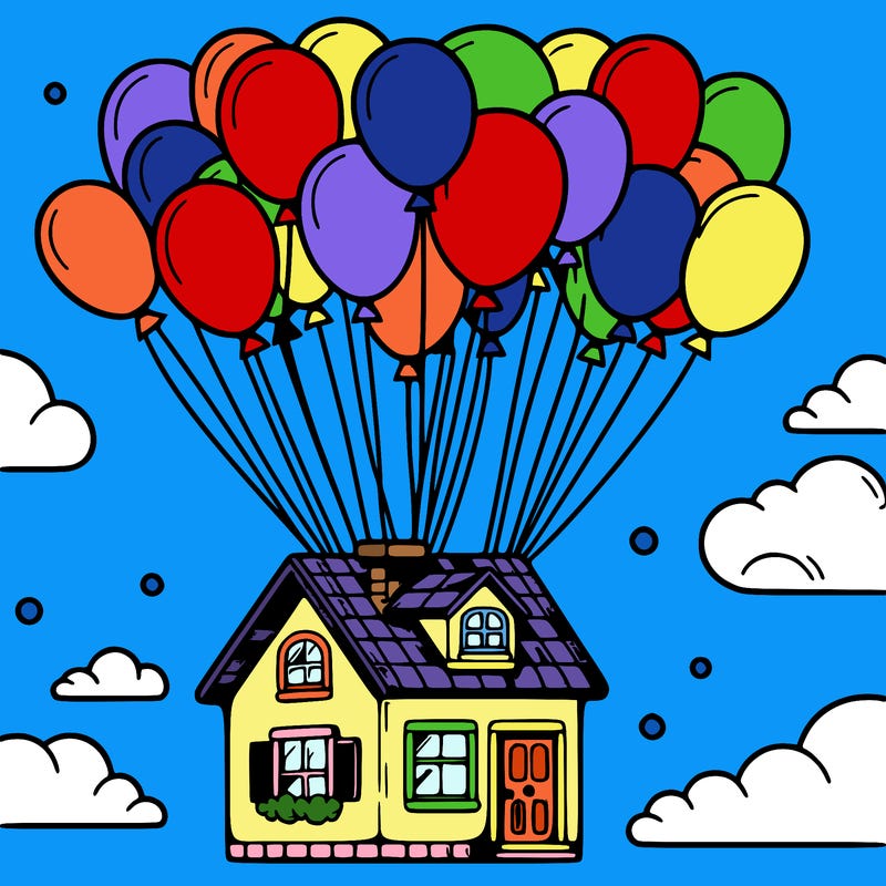 house floating from lots of balloons