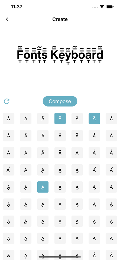 Fonts Keyboard - Interface of the Fonts Keyboard app showing the custom font creation tool with a variety of stylized characters.