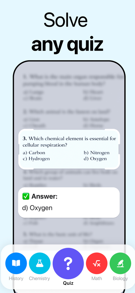AI Homework Helper · Solve It - Mobile app interface showing AI solving a multiple choice science quiz question
