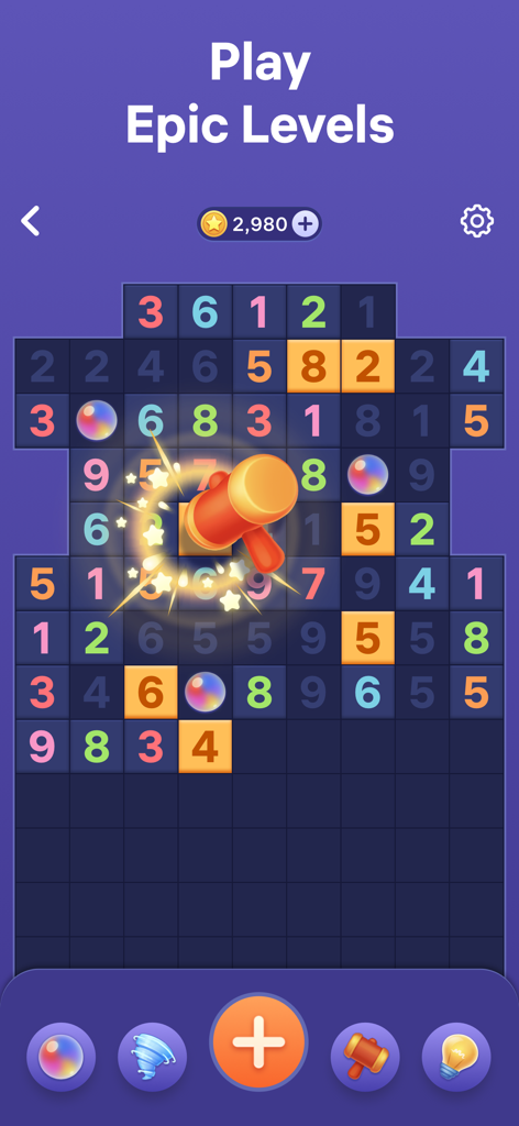 Number Tiles - Match Numbers - Number Tiles game interface showing a hammer booster smashing a tile in a logic puzzle level