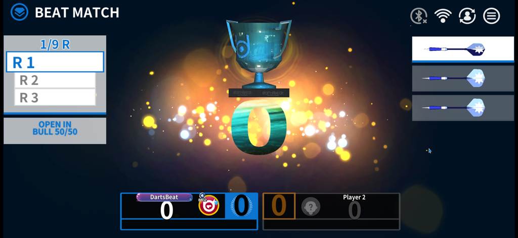DartsBeat Home - DartsBeat Home app interface showing the Beat Match game mode with digital scoreboard and trophy graphics.