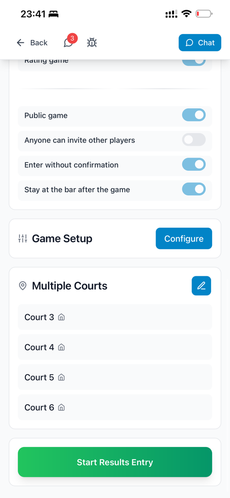 Bandeja Padel - Interface do aplicativo móvel Bandeja Padel mostrando configurações de configuração de jogo e opções de seleção de quadra