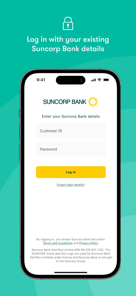 Suncorp Bank Secured - Suncorp Bank Secured mobile app login interface showing Customer ID and Password entry fields