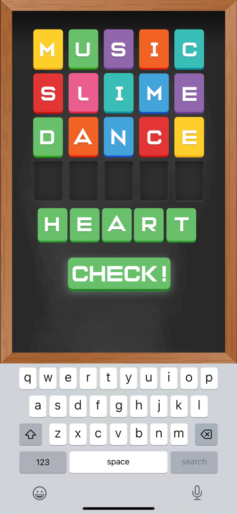Wordall - Daily Word Test Game - Wordall mobile app game screen showing rows of colorful letter tiles on a chalkboard background and an on-screen keyboard for word guessing