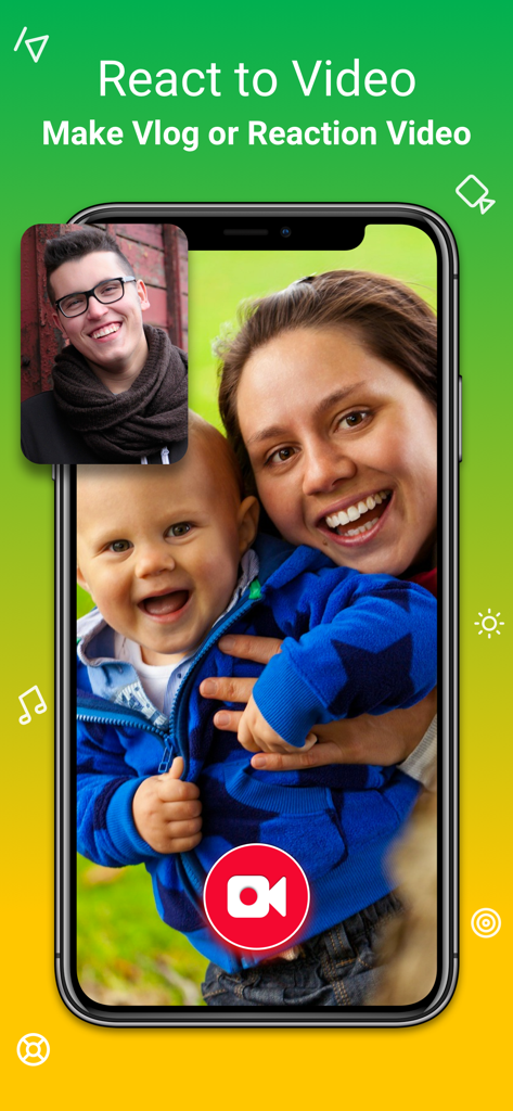 Smartphone screen showing a facecam reaction video overlay on top of a family video in the Reaction Cam app