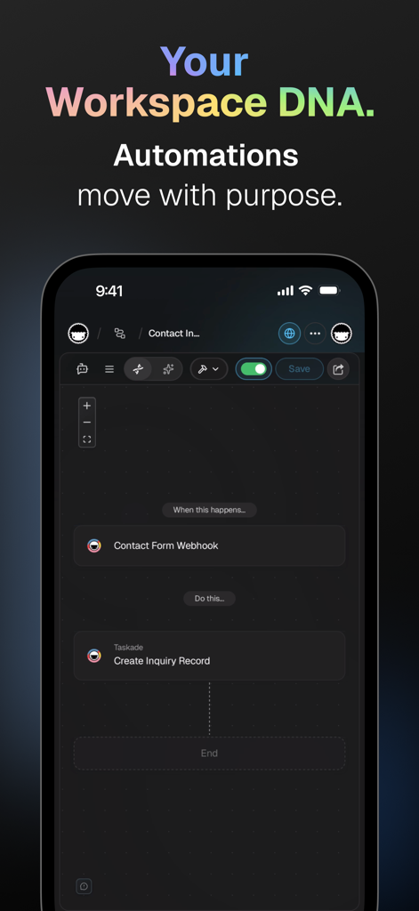 Taskade - One Prompt. One App - Taskade mobile app interface showing a no-code automation workflow for creating inquiry records from webhooks