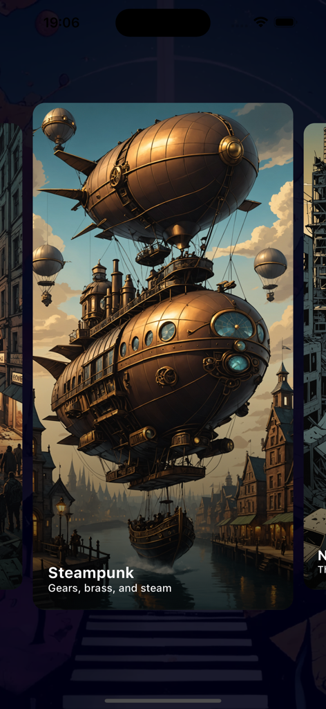 The Pathways - Infinite RPG - Steampunk world selection screen featuring a brass airship over a city in The Pathways RPG app