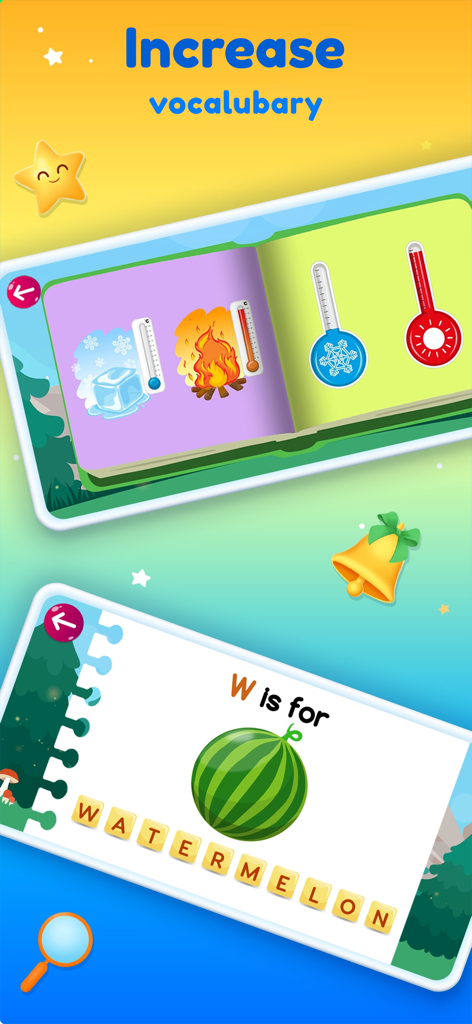 Phonics, reading kindergarten - Binky Academy learning app screens for kindergarten vocabulary and spelling