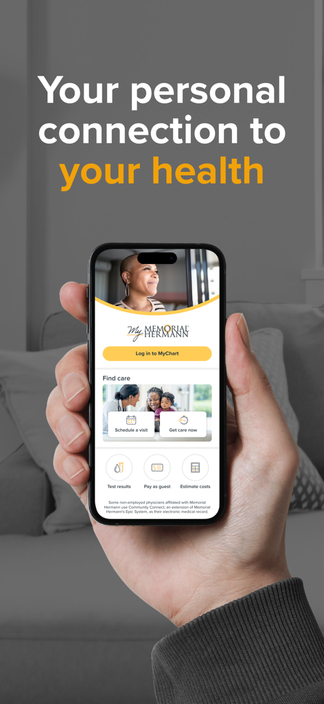 My Memorial Hermann™ - A person holding an iPhone displaying the My Memorial Hermann app home screen with options to schedule a visit and view test results.