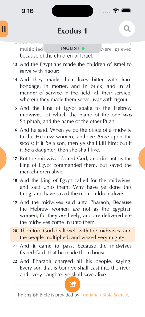 MyOwnBible - Reading Exodus chapter 1 in the MyOwnBible app with a highlighted verse.