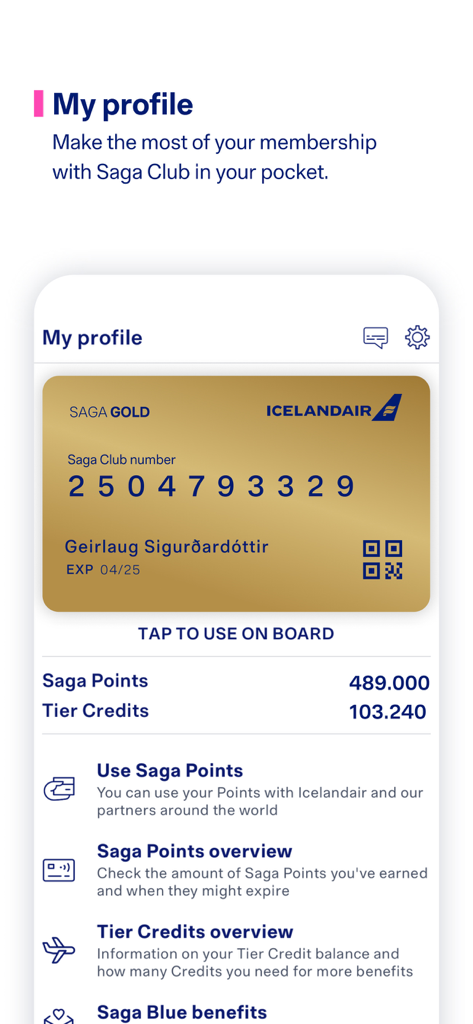 Icelandair - Pantalla Mi Perfil de la aplicación de Icelandair que muestra la tarjeta de membresía Saga Club y los puntos de fidelidad.