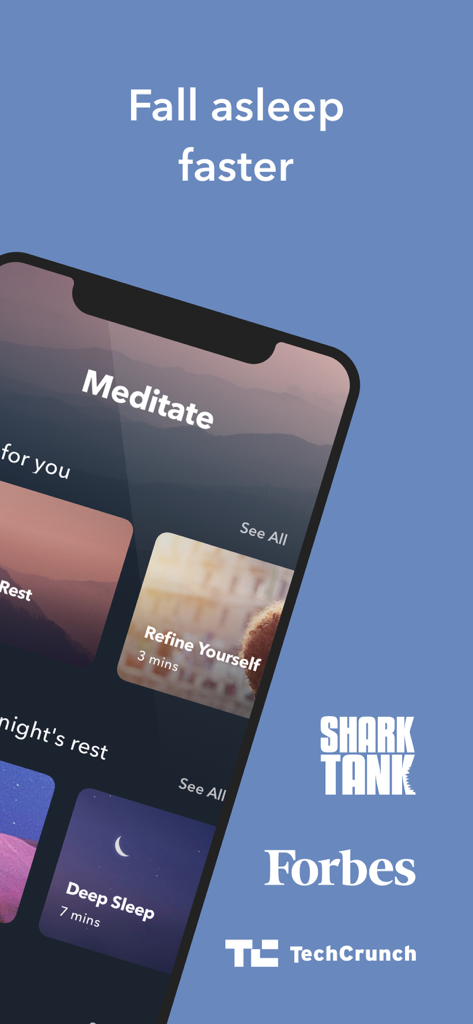 Simple Habit app interface showing sleep meditation sessions and media endorsements from Shark Tank and Forbes