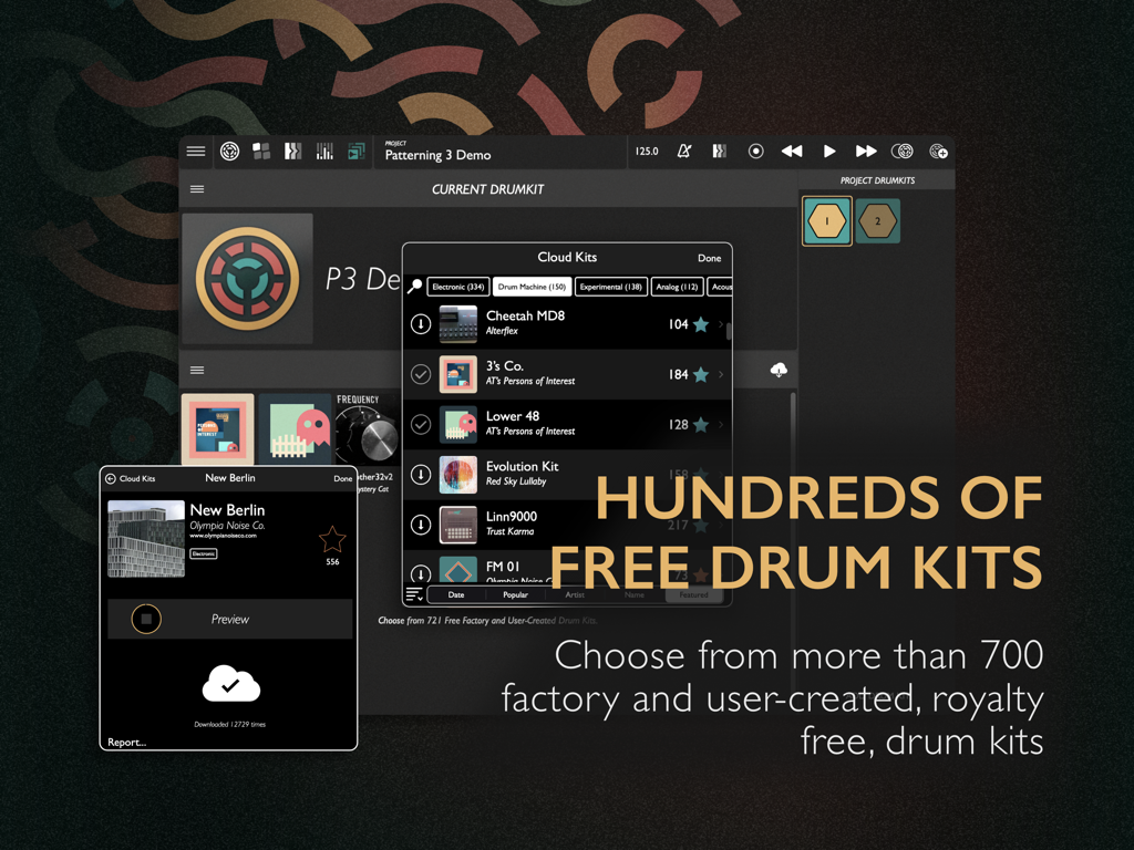 Patterning 3 : Drum Machine - Patterning 3 app interface displaying a menu of over 700 free factory and user created drum kits