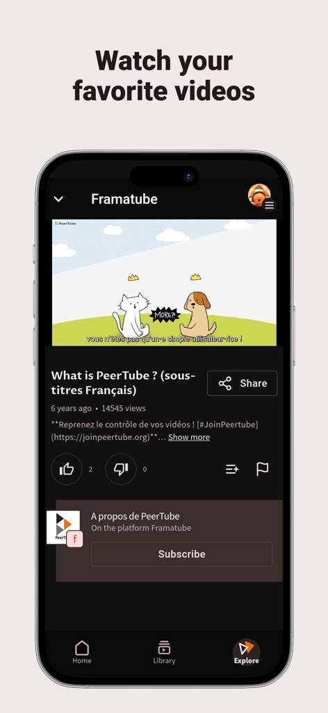 PeerTube - Pantalla móvil que muestra la aplicación PeerTube reproduciendo un vídeo con opciones de suscripción y compartir