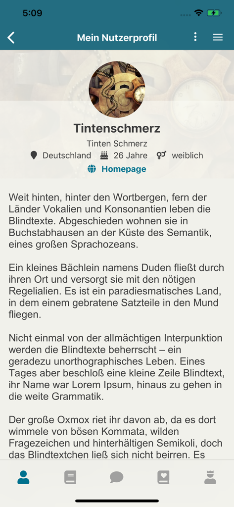 Benutzerprofil-Oberfläche der FanFiktion.de-App, die persönliche Daten und Biografie anzeigt