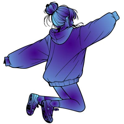 realistic girl jumping with a bun and oversized sweatshirt