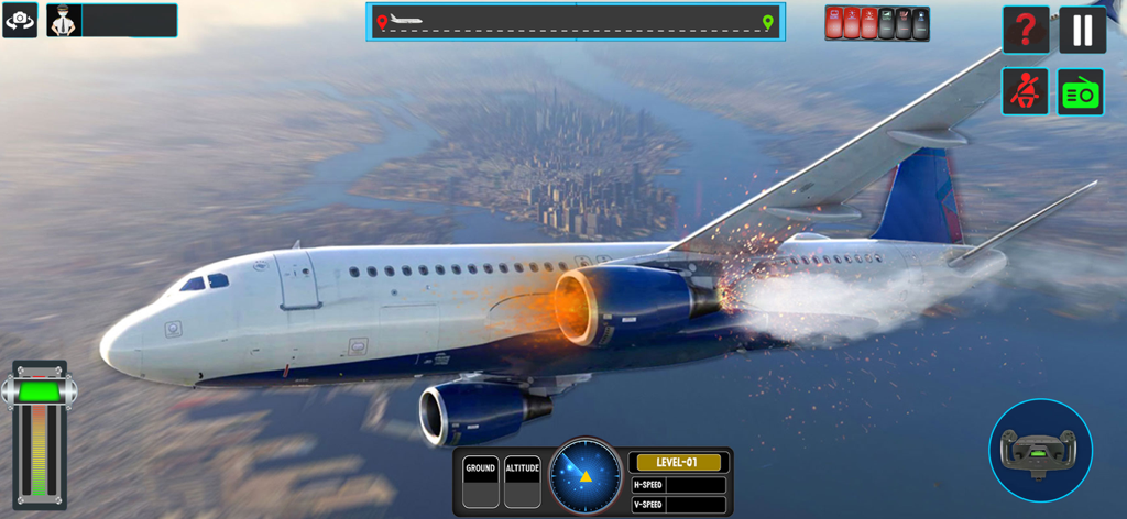 Airplane Flying Simulator Game - Avião comercial com um motor em chamas voando sobre um horizonte urbano 3D em uma missão de pouso de emergência.