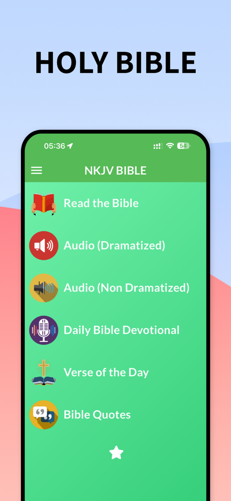 Menú principal de la aplicación de la Biblia Nueva Versión King James con opciones para audio de lectura y devocionales diarios