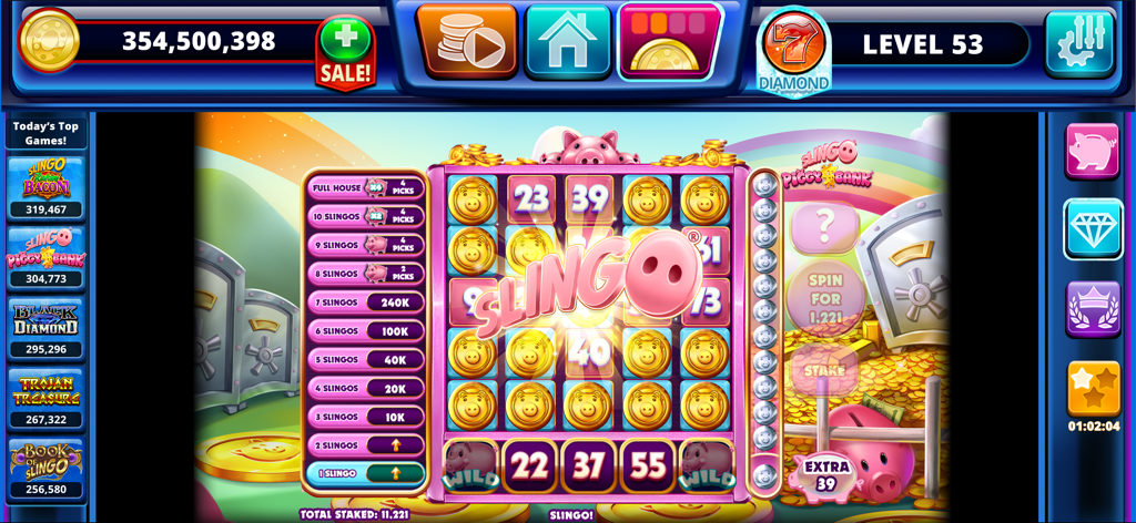 Slingo Arcade Piggy Bank game interface featuring a hybrid slots and bingo grid with pig themed symbols.