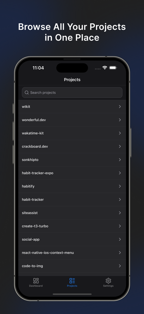 WTKit - WakaTime Dashboard - WTKit mobile app showing a list of tracked coding projects in a dark mode interface