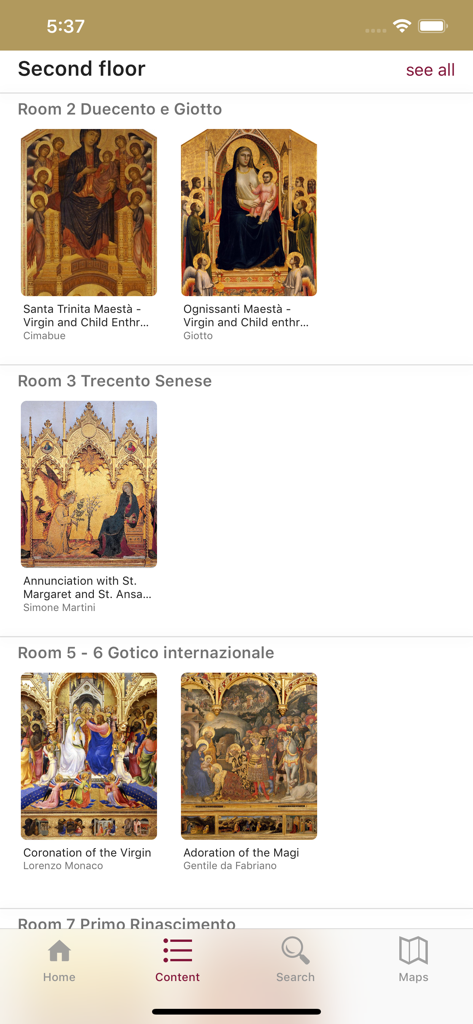 Uffizi Gallery - Uffizi Gallery app screen showing Renaissance paintings organized by gallery rooms