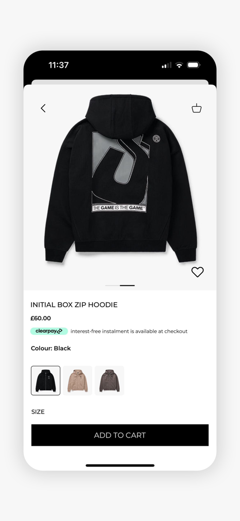 Product screen of a black Initial Box Zip Hoodie in the Sidemen Clothing app